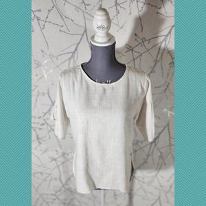 3.3 Field Trip White Linen Blend Round Neck Top w/ Flutter Sleeves